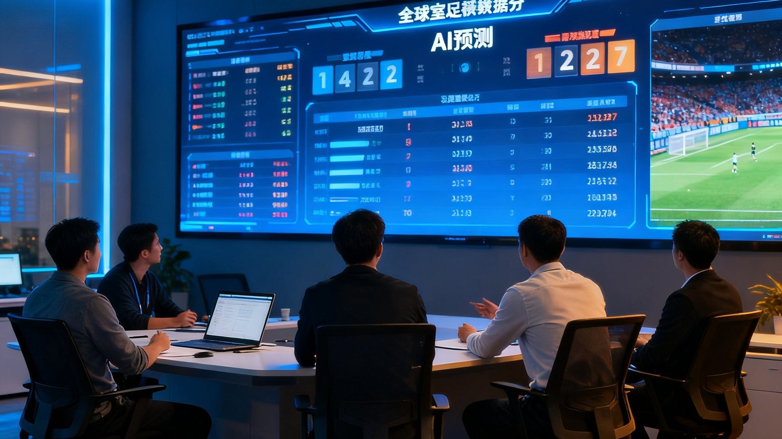 球探足球比分数据团队在作战室分析赛事情报，实时数据大屏显示全球联赛比分及AI预测
